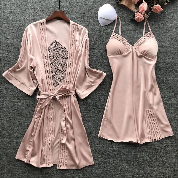 

Women Sleepwear Spring Sexy Camisole Pajamas Woman Robe Set Ice Silk Long Sleeve 2 Pcs Hollow Fashion, Black;red