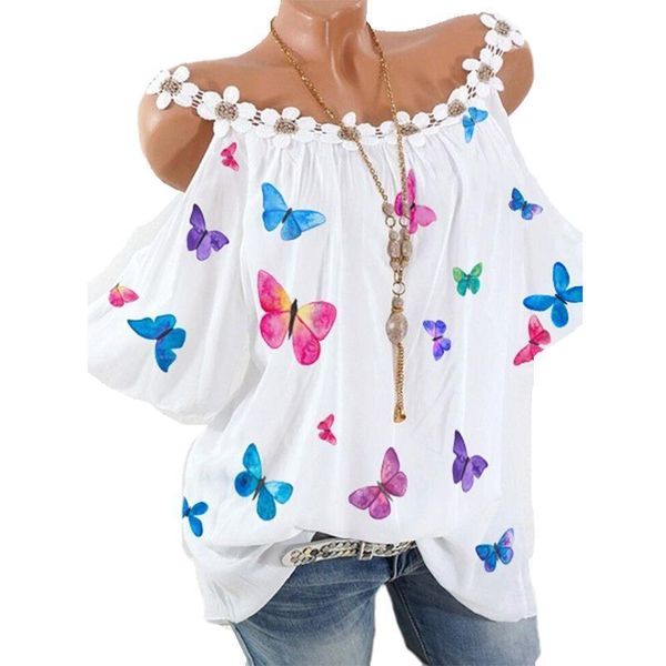 

plus size butterfly summer womens t shirt off shoulder casual tees clothes lace up top, White
