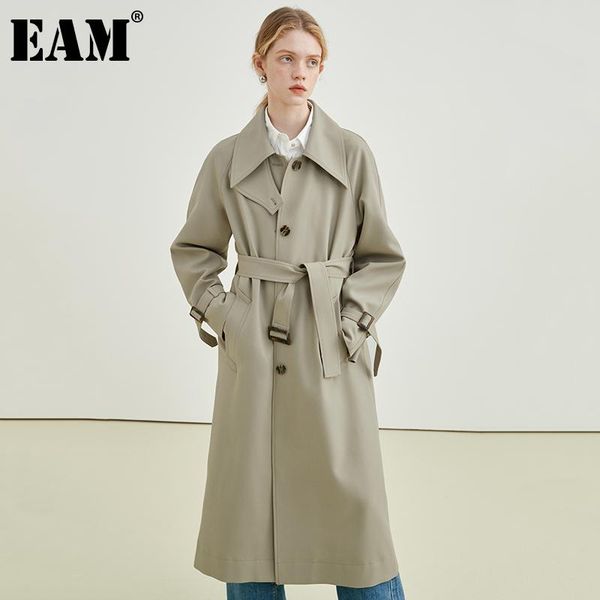 

women's trench coats [eam] women single breasted long big size lapel sleeve loose fit windbreaker fashion spring autumn 2021 1de2355, Tan;black