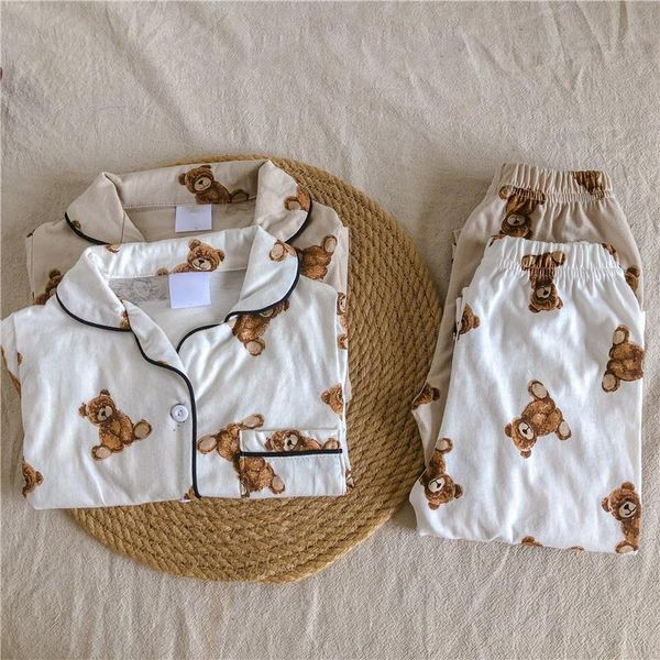 

pajamas baby girl boy autumn fall suits 2021 fashion kids toddler cartoon bear print shirt pants homewear children's cute outfit, Blue;red
