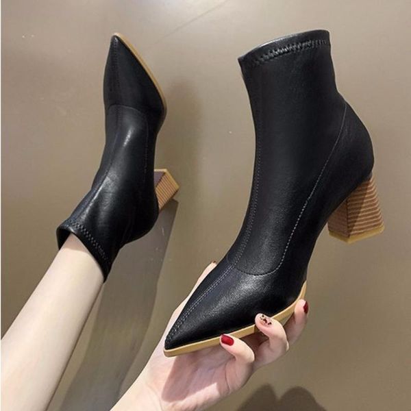 

boots leather and velvet thin women's stretch 2021 winter pointed thick heel socks high short, Black