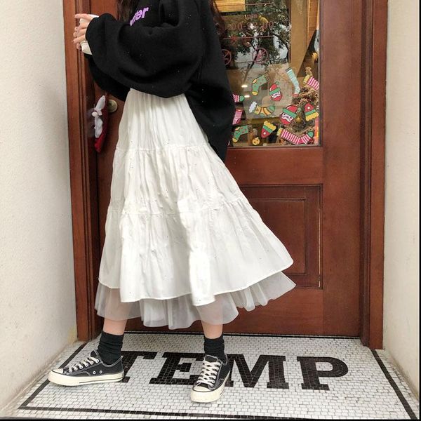 

spring summer long high waist womens skirts double layer tulle midi fairy skirt korean ruffles pleated school black white