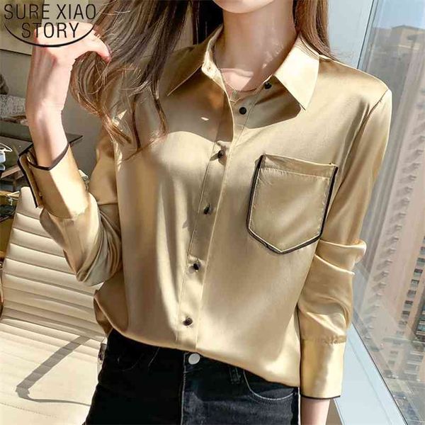 

korean ladies elegant silk shirt women chiffon blouse long sleeve professional blouses fashion pocket shirts 12804 210506, White