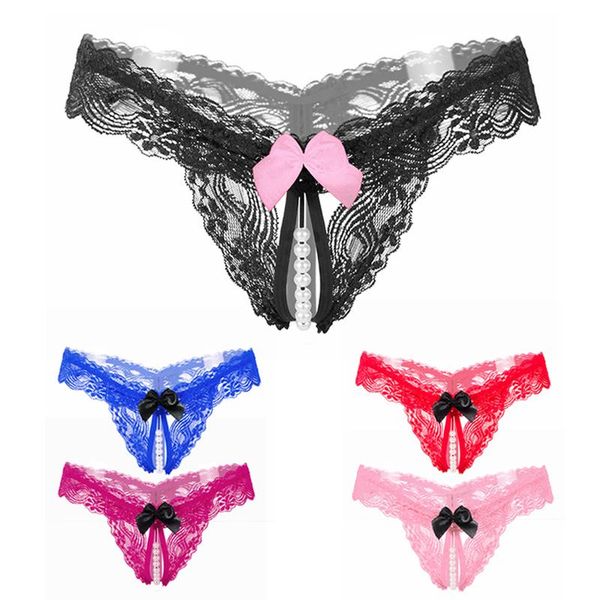 

women's panties lace crotchless pearl women briefs open crotch low waist female underwear transparent panty, Black;pink
