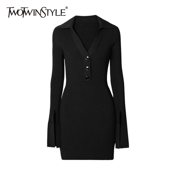 

black slim knitting dress for women v neck long sleeve high waist split dresses female spring fashion 210520, Black;gray