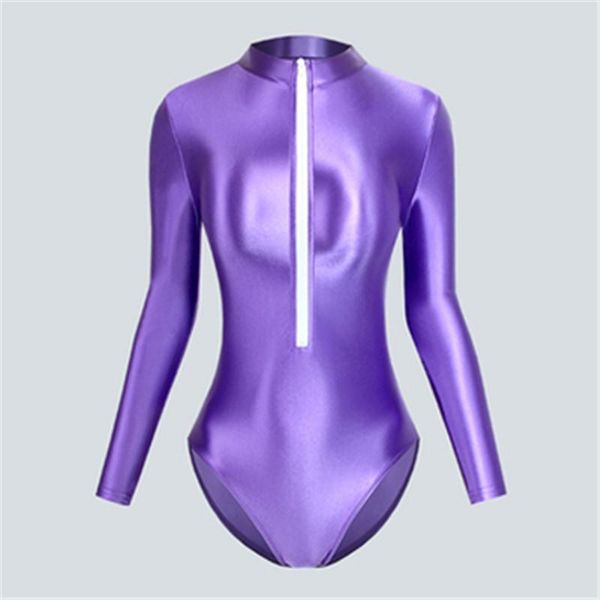 

one piece swimsuit women's tight front zipper back two high slit glossy long sleeve bottom coat two-piece suits