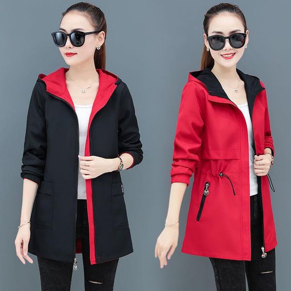 

women's trench coats women jacket spring autumn hooded coat casual windbreaker female double-sided wear zippers basic plus size ladies, Tan;black