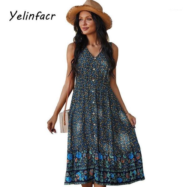 

yelinfacr fashion vintage woman dress floral print long ladies casual sleeveless v-neck summer vacation party dresses, Black;gray