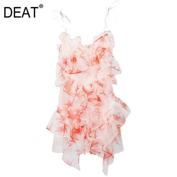 

[deat] summer fashion printing sleeveless sling irregular ruffles temperament elegant dress women 13q459 210527, Black;gray