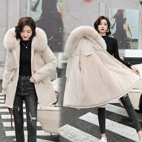 

new fashion long winter coat women clothing wool liner hooded parkas slim with fur collar warm winter jacket womens, Black