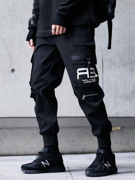 

cargo pants autumn winter men's high street logo multi-pocket casual fashion thickened small leg, Black