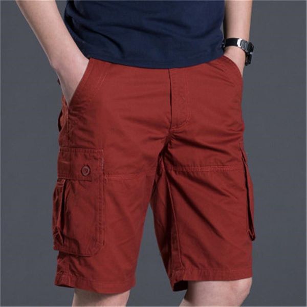 

russia men half shorts pants summer casual cargo pants relaxed loose multi-pockets buttons red green knit cotton solid color long trousers, White;black