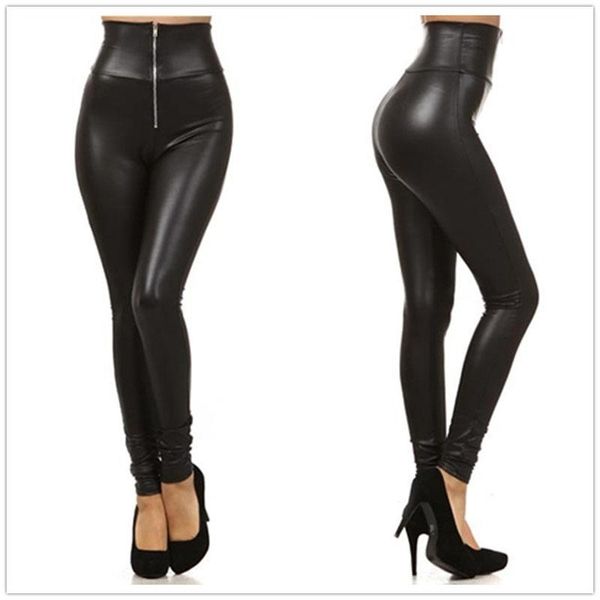 

women's leggings arrival solid black faux leather women high waist zipper female slim skinny long pants trouser