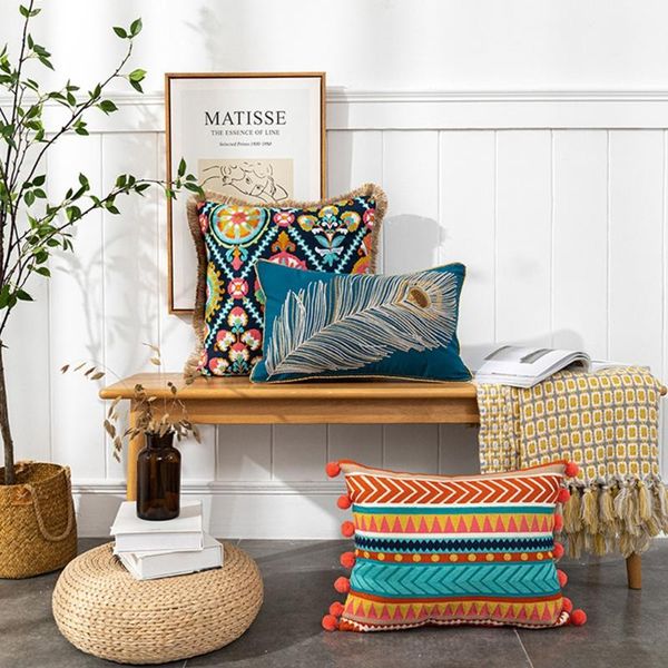 

pillow case vintage bohemian style tufted lumbar embroidered alpaca geometric floral pompom tassels throw cushion cover