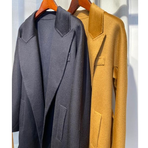 

women's wool & blends middle and long high end lapel lace up show thin overcoat europe america 2021 autumn winter, Black