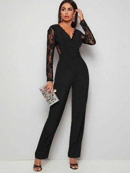

contrast floral mesh v-back jumpsuit x8kq#, White
