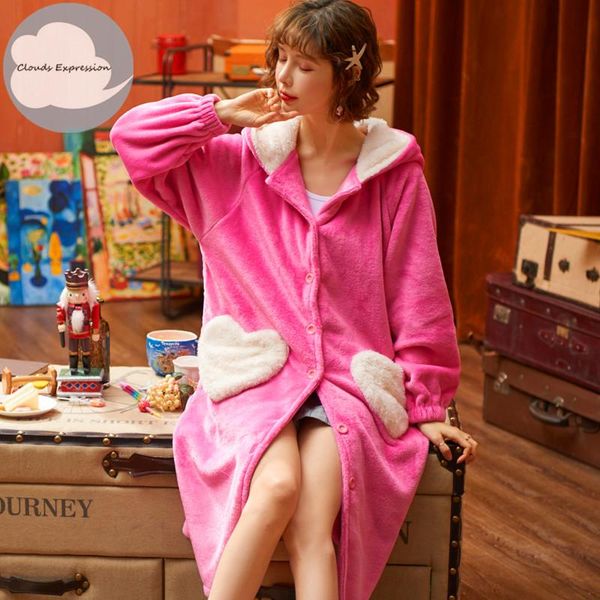 

women's sleepwear winter warm coral fleece pink robe womens bathrobe nightgown kimono dressing gowns home clothing, Black;red