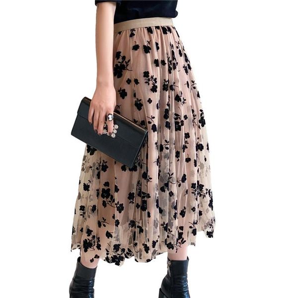 

autumn women skirts streetwear ol high waist flower print mesh layered a line midi skirt elegant long faldas largas mujer, Black
