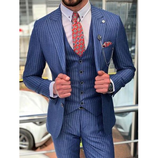 

men's suits & blazers 2021 blue 3 pieces latest style men suit design business stripe slim fit (jacket+pant+vest) smoking masculino, White;black