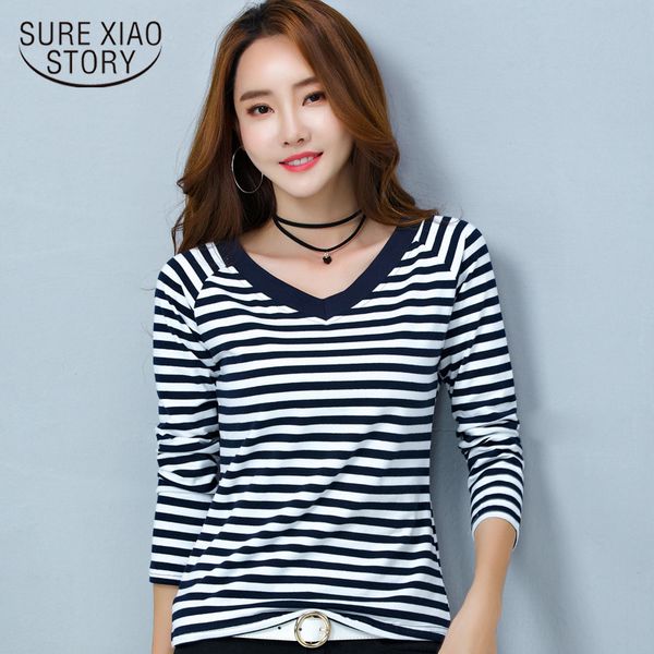

plus size v-neck striped tshirts cotton t-shirts women long sleeve t shirt female summer fashion casual lady 6938 50 210417, White