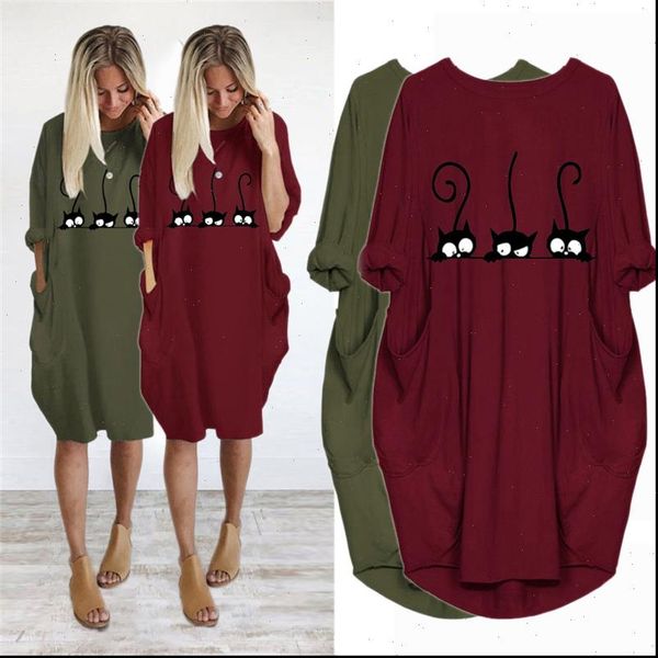 

dress cute cat printing pocket women tracksuits loose vintage fall maxi clothes woman casual dresses party plus size kleider, Gray