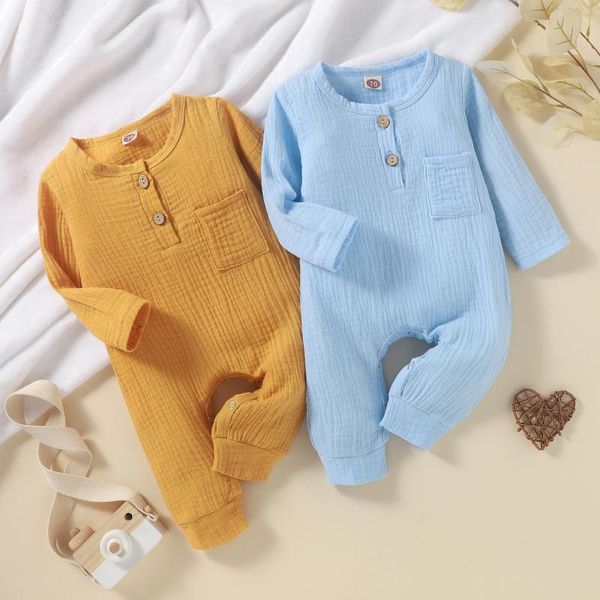 

jumpsuits 0-18m infant baby boy girl jumpsuit cotton linen clothes solid color pocket button long sleeve romper spring fall outfit, Blue