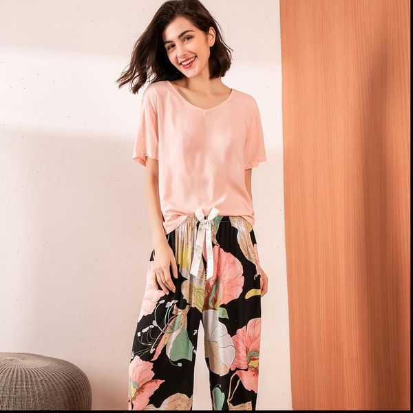 

spring and summer pajama set womens sleepwears cotton satin 2pcs floral printed elegant femme tender sleepwear homewear, Black;red