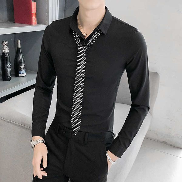 

tie decoration men shirt casual slim fit solid color dress shirts streetwear social night club party blusa camisa masculina 210527, White;black