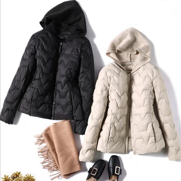 

fashion women ultra light white duck down jacket ladies knitted pachwork hooded coat slim short autumn winter jakcet parka women's & pa, Black