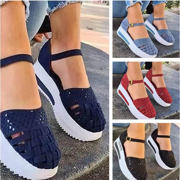 

sandals summer woven upper round toe women's lightweight thick-soled hollow breathable buckle wear solid color casual, Black
