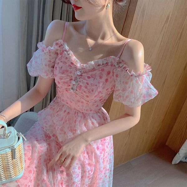 

casual dresses summer floral long women elegant princess chic midi boho party fairy designer v-neck french strap robe femme cbtx, Black;gray