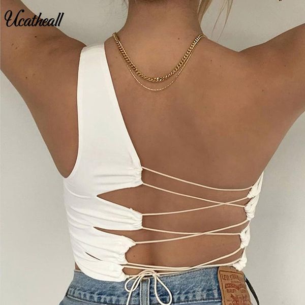 

women's tanks & camis women cool single one shoulder tank vest bare midriff sleeveless t-shirt summer beach back lace up crop top, White