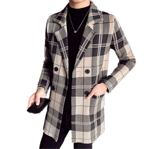 

casual styles men turn down collar wool knit sweater trench coat / male double breasted fit woolen plaid casual long windbreake, Black