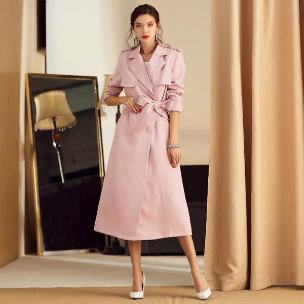 

women's trench coats coat women 2021 spring and autumn lapel double-breasted pink tooling windbreaker long ol h98, Tan;black
