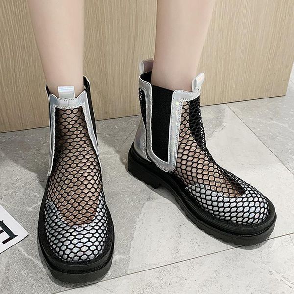 

dress shoes rimocy breathable mesh platform sandals women casual elastic band sqaure heel woman black silver sandalias boots mujer