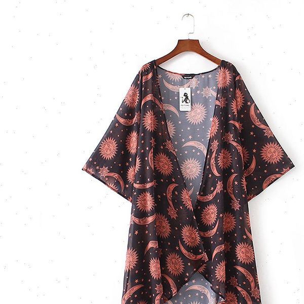 

brand kimono cardigan vintage sun women blouses moon print chiffon loose shawl long female shirt cover up blouse, White