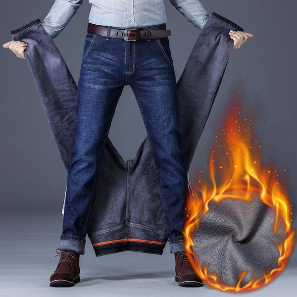

men's jeans warm pants pencil trousers mid weight denim solid clothing smart cusual bmgj, Blue