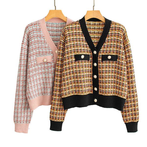

women's sweaters autumn europe and the united states wear thick checkered pattern single-breasted knit cardigan loose hair nibv, White;black