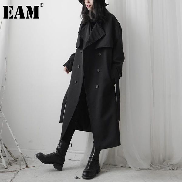 

women's trench coats [eam] women black split long big size lapel sleeve loose fit windbreaker fashion tide spring autumn 2021 1db731, Tan;black