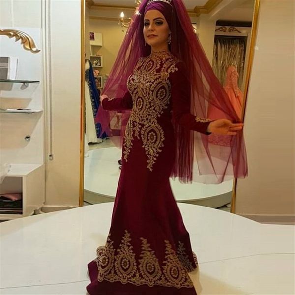 

evening dresses long mermaid abiti da cerimonia sera high collar burgundy sleeve muslim prom es, Black;red