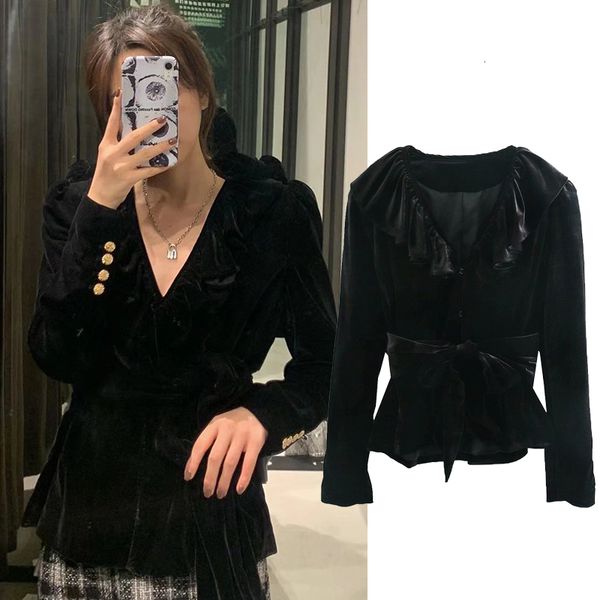 

women's down & parkas women autumn winter velvet coat jacket solid color lace up coat long sleeve v-neck lady streetwear outerwear, Black
