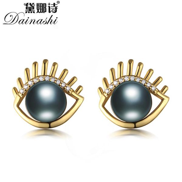 

dainashi 100% genuine natural freshwater pearl earrings 925 sterling silver gold color eye zircon stud for women, Golden;silver