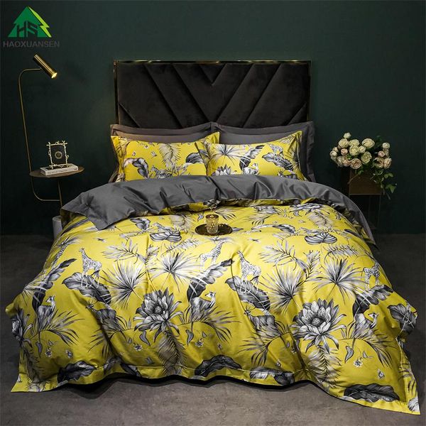 Set di biancheria da letto Eleganti fiori e piante Lenzuolo Federa Copripiumino Copripiumino 1000TC Puro cotone ad alta densità Super Soft