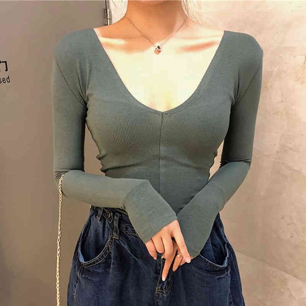 

women's t-shirt shintimes cotton tshirt deep v-neck long sleeve t women full woman clothes tee femme camisetas mujer wqy2, White