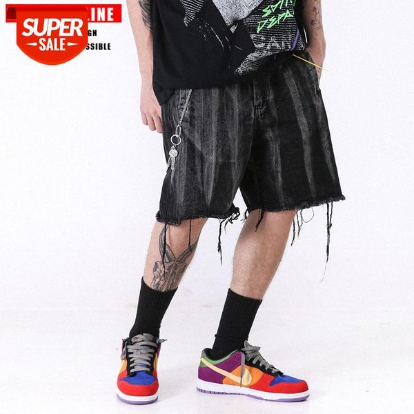 

tkpa personalized street skateboard washing distressed raw edge cat mustache loose denim shorts men #qm6t, Black