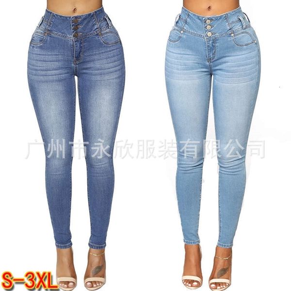 

jeans women's high waist triple button elastic leggings children 8092 00zs, Blue