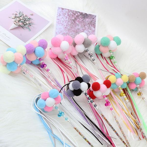 

cat toys funny teaser wand beaded kitten stick interactive toy colorful pet tassel with pompom and bell supplies