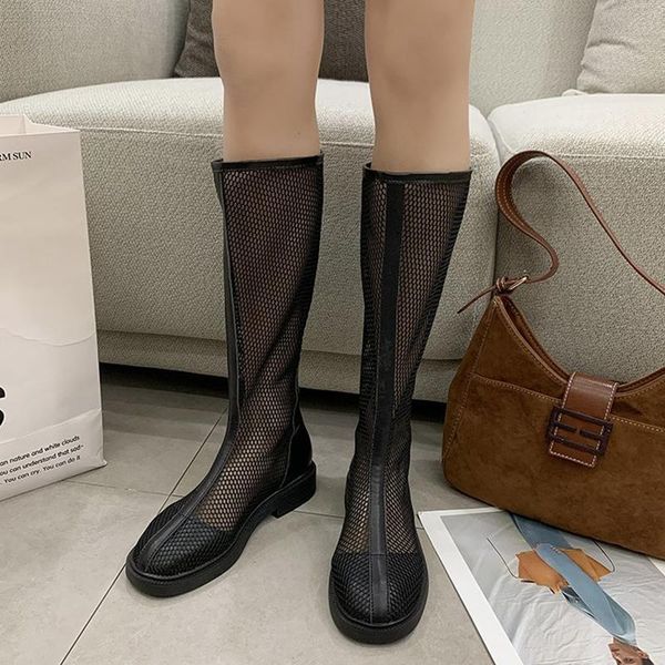 

boots 2021 summer mesh hollow out long women fashion low heels zipper casual shoes woman breathable cool, Black