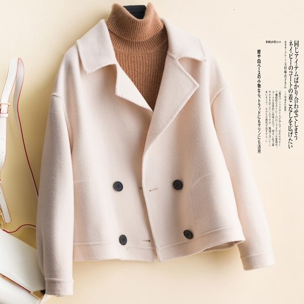 

short solid wool coat women autumn and double breasted loose winter jacket casual casaco feminino 201223, Black