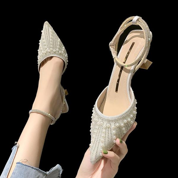 

sandals high heel sandal for women buckle strap shallow mouth female shoe high-heeled girls stiletto fashion beige pearl 2021 clear poin, Black